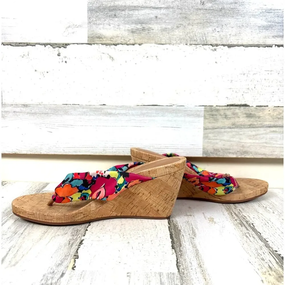 Alex Marie Womens 7.5 Multicolor Floral Fabric Cork Wedge Slip On Sandals NEW